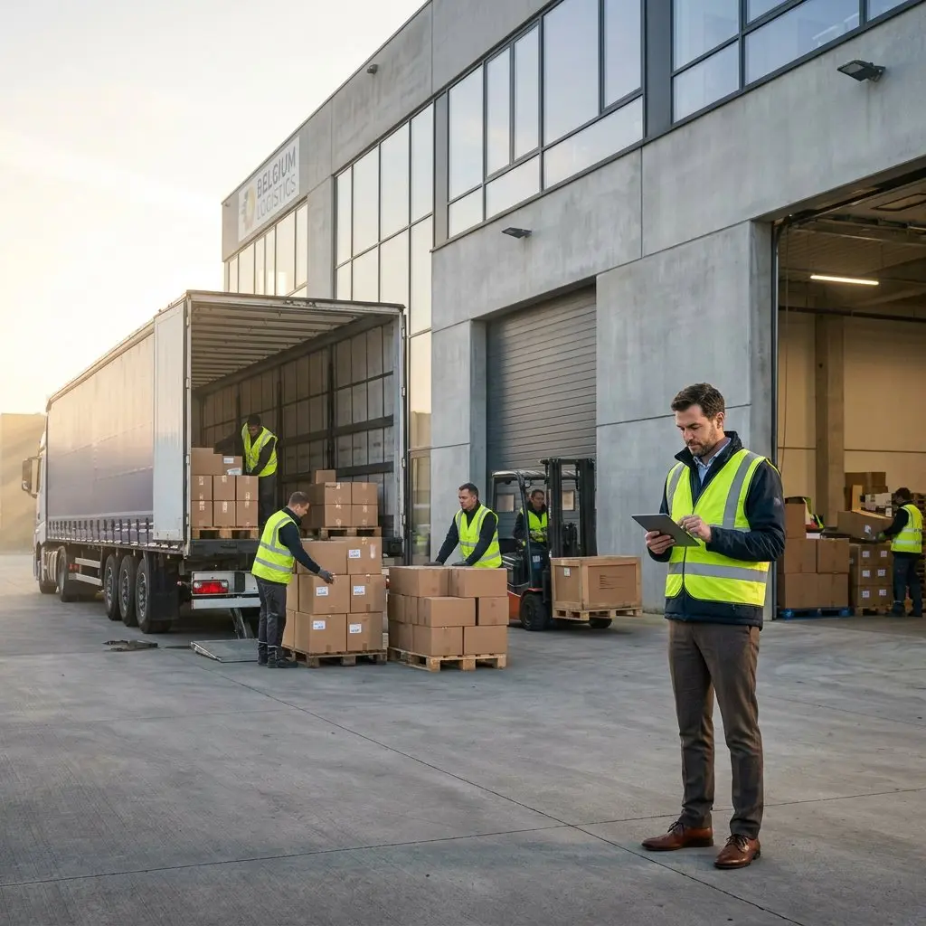 Manager in a high-visibility vest reviewing a tablet outside a Belgium Logistics warehouse while workers unload pallets of boxes from a truck trailer and a forklift moves goods near the loading bay.
